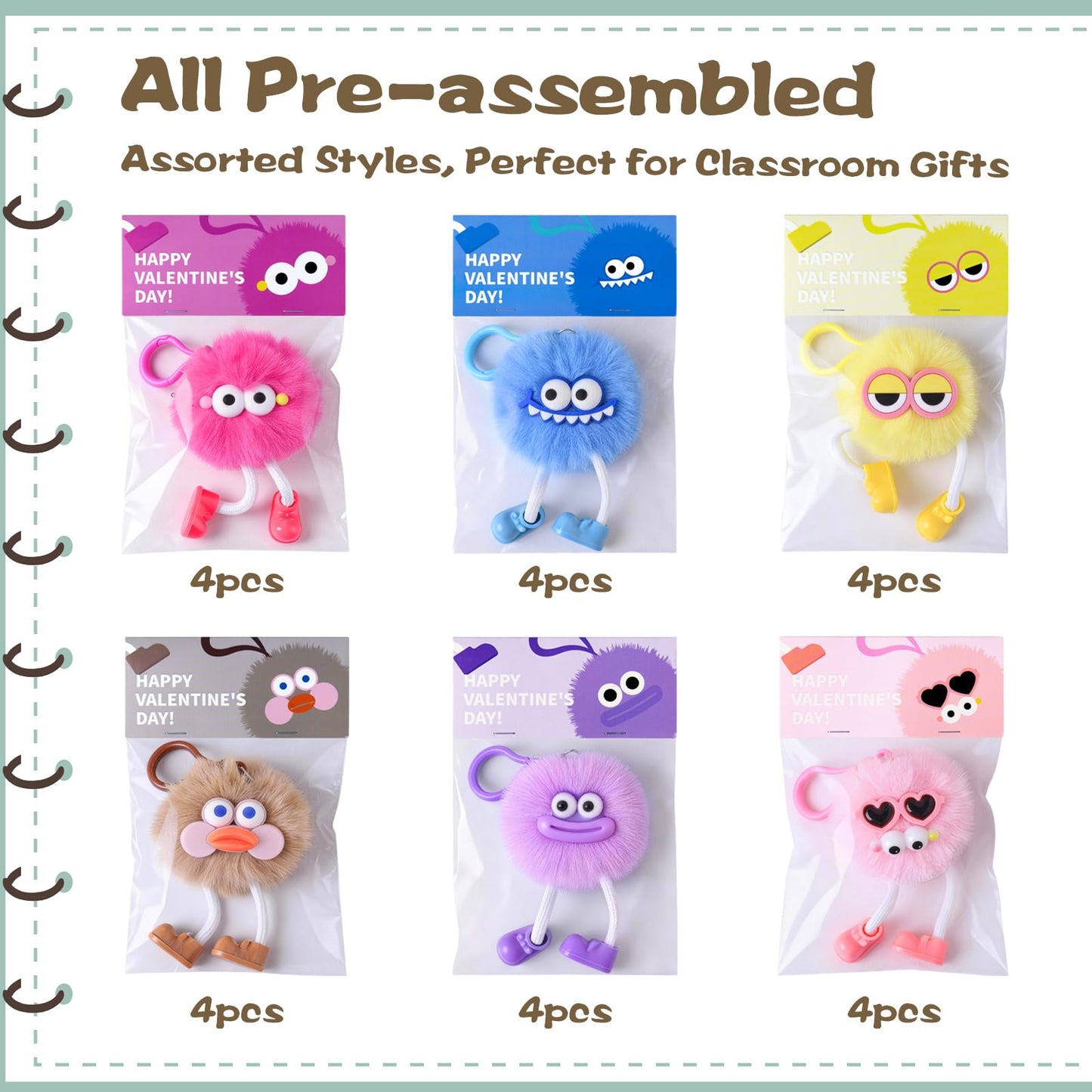 MEADIN Valentines Day Gifts for Kids - 24 Pack Pre-filled Plush Toys Keychains with Valentine's Gift Cards for School classroom Class - Valentine Party Favors for Kids Boy Girls Toddlers
