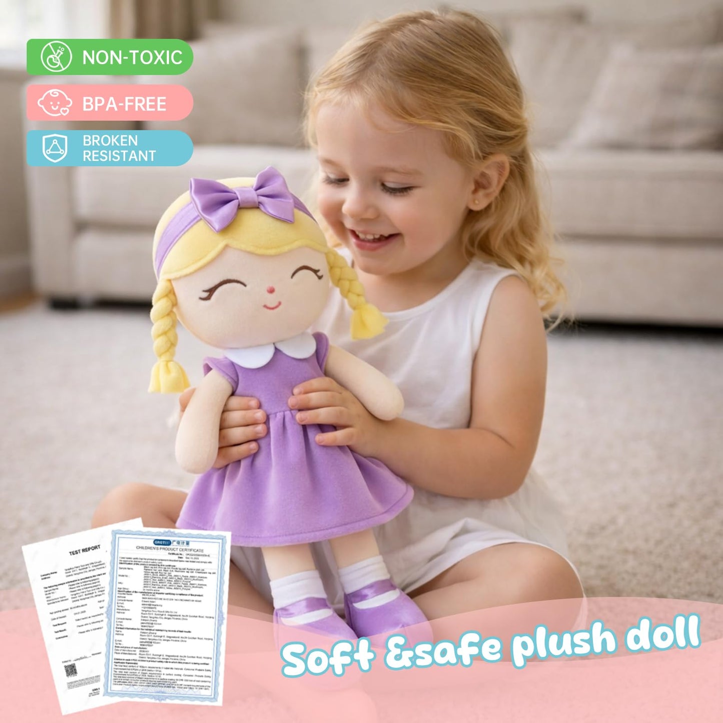 Jumbrace Soft Baby Doll Toys 16inch, Baby Rag Doll for One Year Old Girl Birthday Gift,Princess Style Plush Toys for Toddler Kids Infants (Purple)
