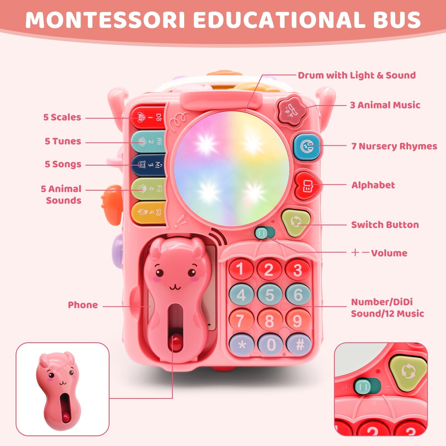 DELUTIQUE Baby Bus Toy for 1 Year Old Girl Gifts, Montessori Musical Bus Toy for Baby 12-18 Months, Baby Piano Drums for Toddlers 1-3, Shape Sort Toys 1st Birthday Gifts for Girls