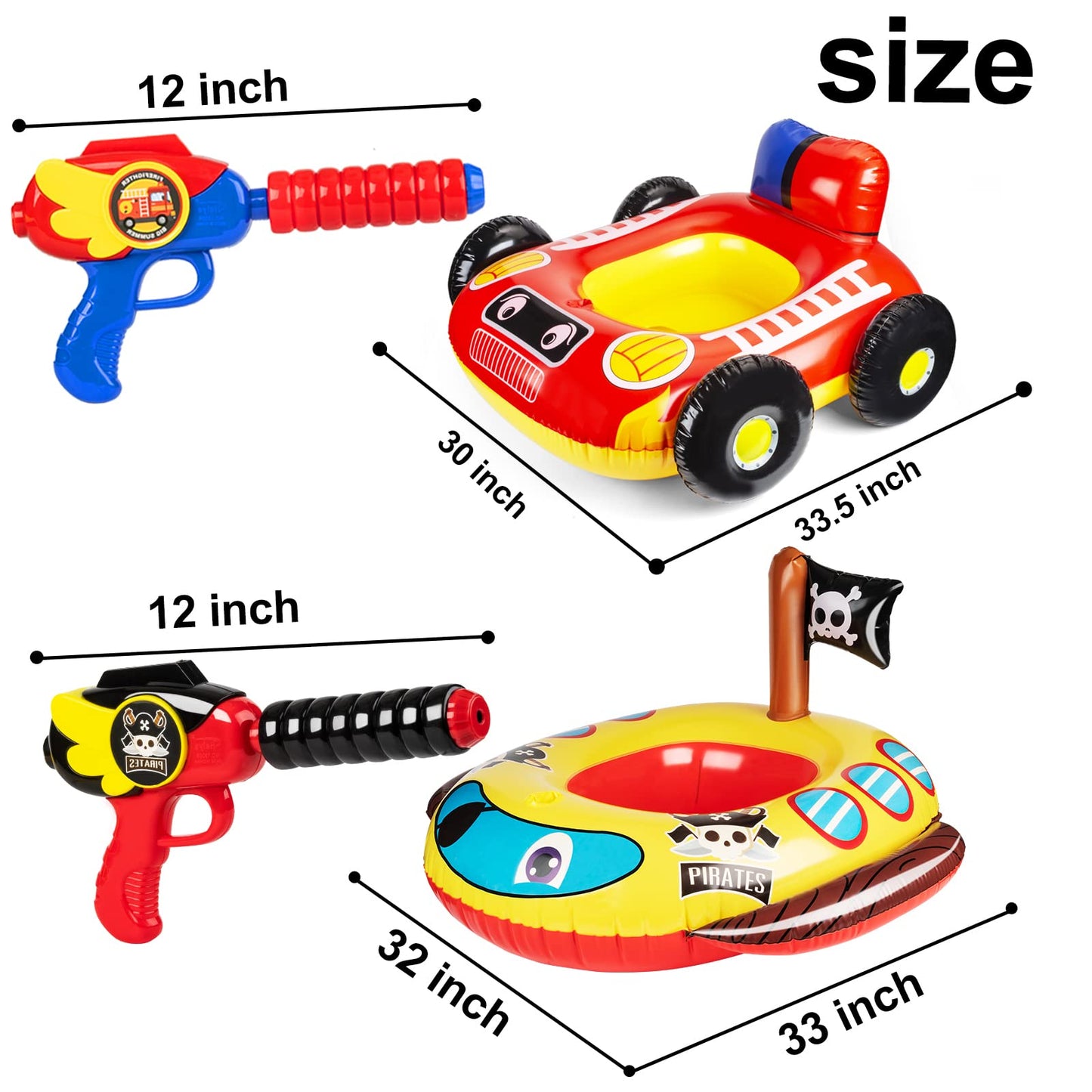 2 Pack Inflatable Kids Pool Floats with Water Gun, Pool Toys for Kids Ages 4-8, Blow Up Toddler Pool Floats, Swimming Pool Game Toys, Fire Truck and Pirate Ship Floaties for Boys Girls and Child