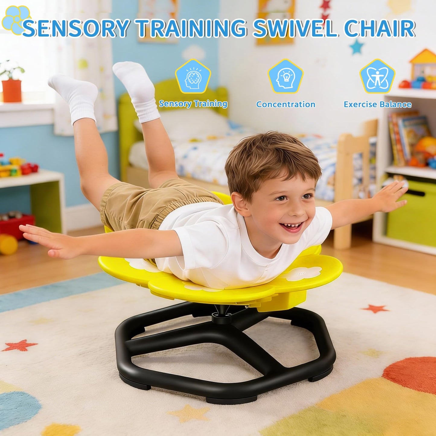 APUFSKO Sensory Spinning Chair for Autistic Kids Sensory Swivel Chair Sit and Spin Autism Spinning Seat for ADHD Children & Toddlers Training Body Coordination & Balance with Lighting & Music(Yellow)