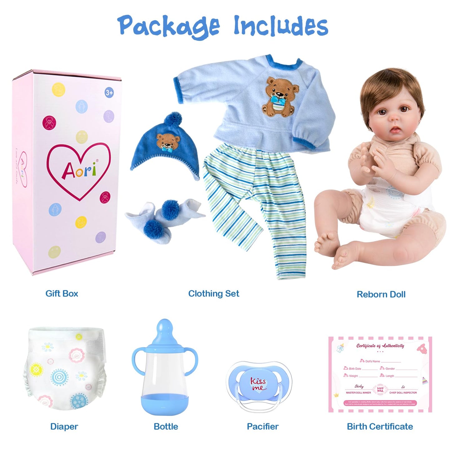 Aori Reborn Baby Boy Doll - 22 Inch Realistic Lifelike Weighted Newborn Boy with Ultra Soft Body, Pacifier, Outfit | Handmade Soft Vinyl Baby Doll for Kids 3+, Toddlers, Collectors