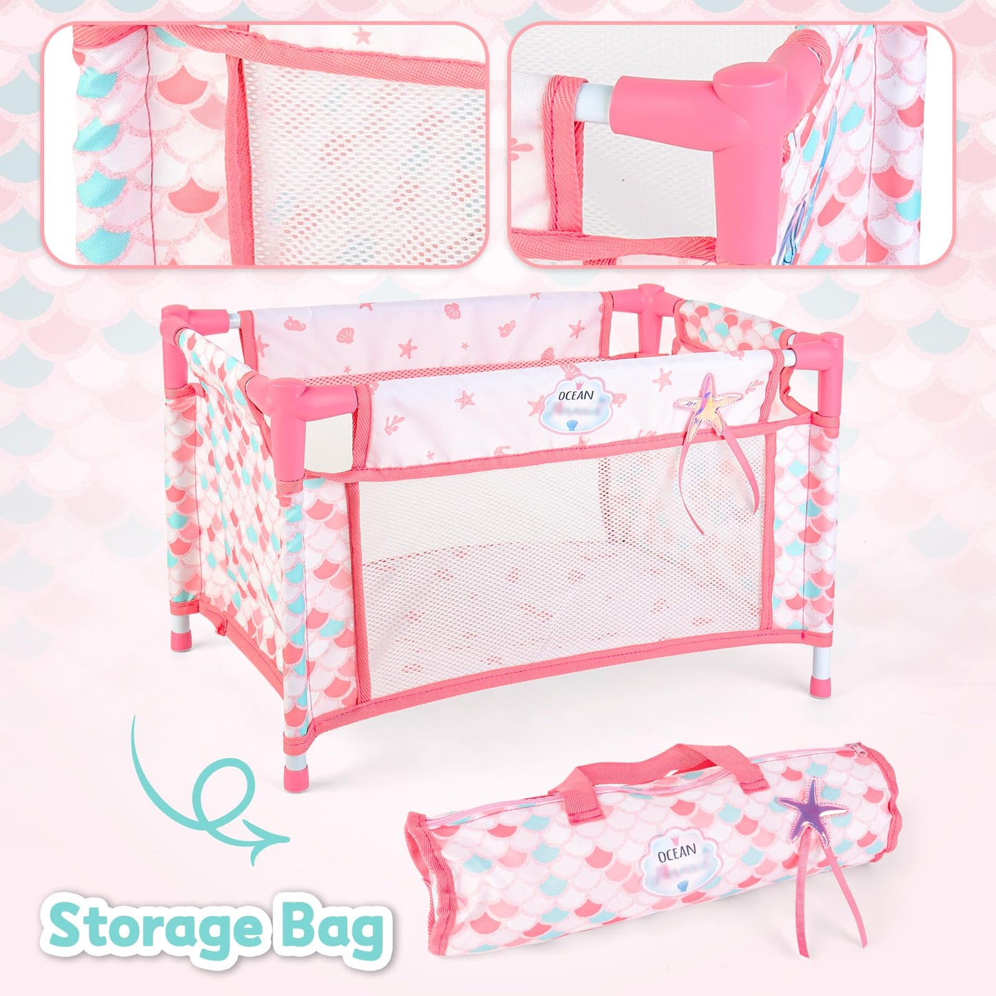 deAO Baby Doll Stroller Crib Bed Nursery Role Play Set Baby Doll Accessories and Play Mat,Travel Cot,Foldable Stroller and Travel Bag Birthday for Girls Boys Kids
