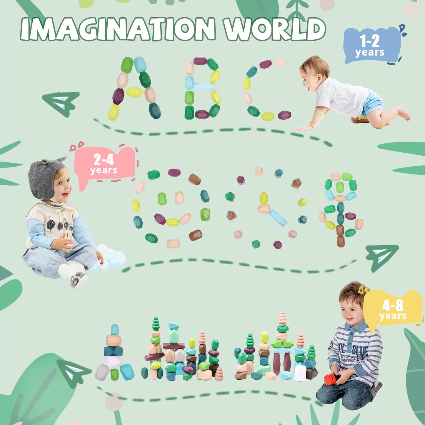 YHHYTOY 40 PCS Wooden Stacking Rocks Building Blocks Forest Theme, Sensory Learning Montessori Toys for 3 4 5 Year Old Kids, Preschool Educational STEM Toys Toddler Games Birthday Gifts for Girls Boys