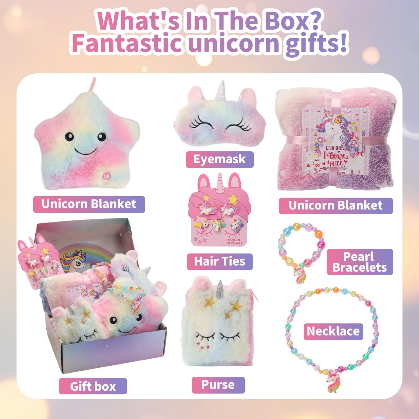 FIIOEOY Unicorn Gift Box for Girls Age 6-8, Unicorn Plush Toy Set with Glow in The Dark Blanket Light Up Star Pillow Eye Mask Crossbody Bag, Birthday Gifts for Daughter Niece