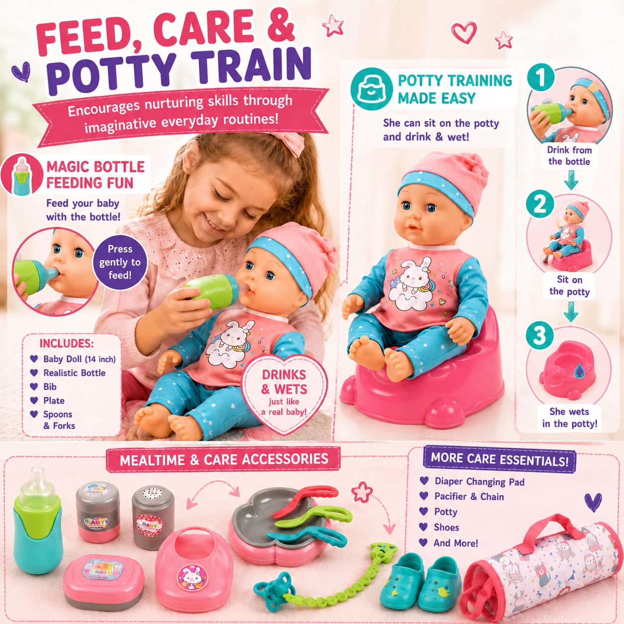 Liberty Imports Kids 18-Piece Newborn Talking Baby Doll Stroller Nursery Role Play Set w/ Playpen, Play Mat, Potty Training, Accessories (14" Doll Included)