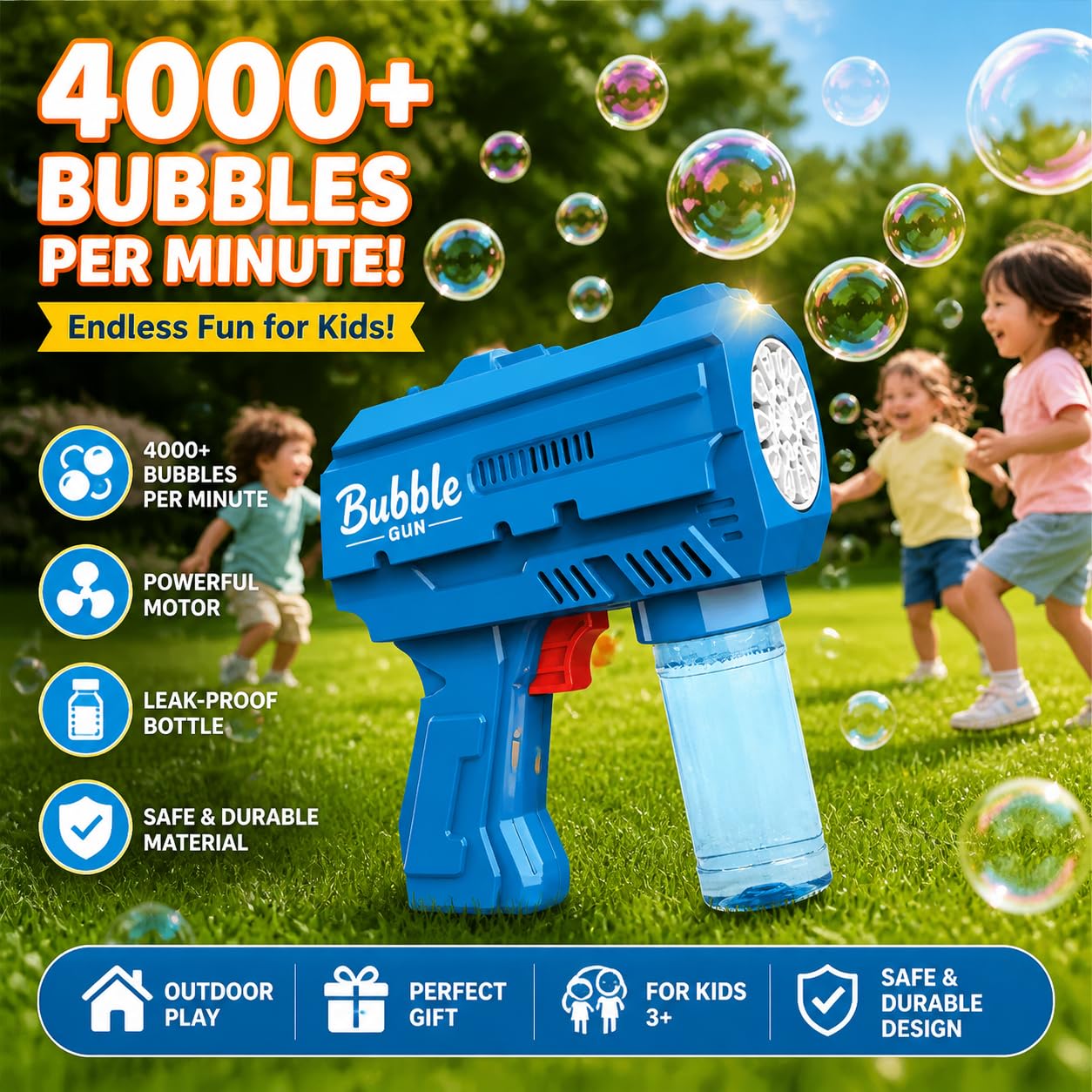 Kids Automatic Bubble Gun LED Light & Refill Solution – Leakproof Bubble Blaster, Outdoor Toys Toddlers 3-8, Birthday Gift, Easter Stuffer, Wedding & Party Supplies (Blue)