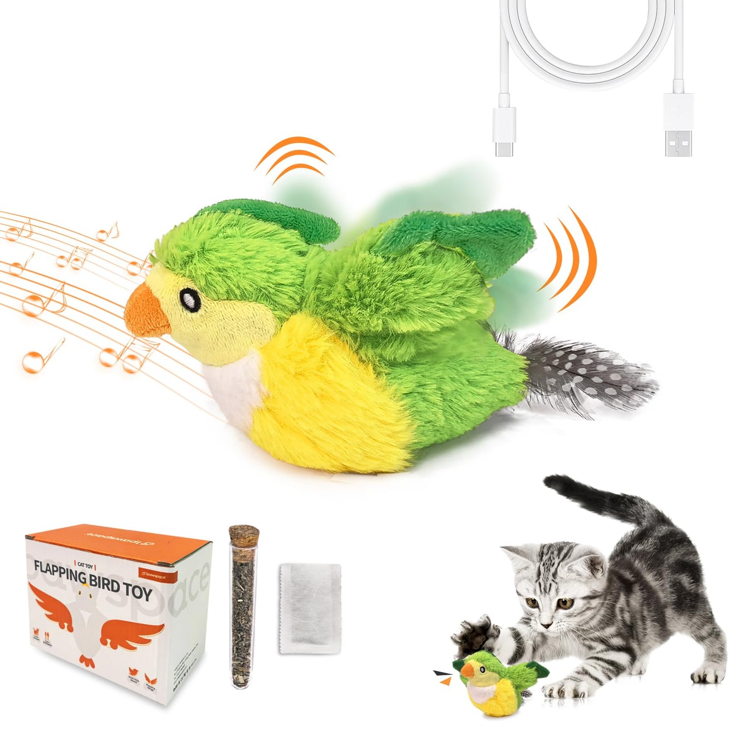 ipawspace Interactive Flapping Bird Cat Toy with Catnip, Touch Activated Rechargeable, Musical Sound (can Turn Off), Satisfy Cat's Natural Huting Instinct, Soft Plush Washable Cover (Green)