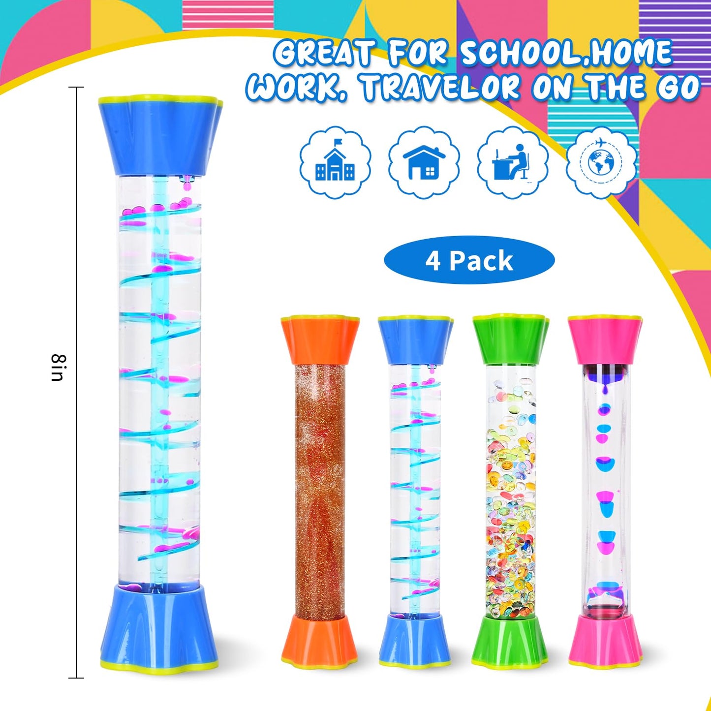 FKYTION Cool Tubes Toy Liquid Motion Bubbler 4-Pack, Colorful Sensory Toys, Classroom Learning & Time Management, Home or School Desktop Toys
