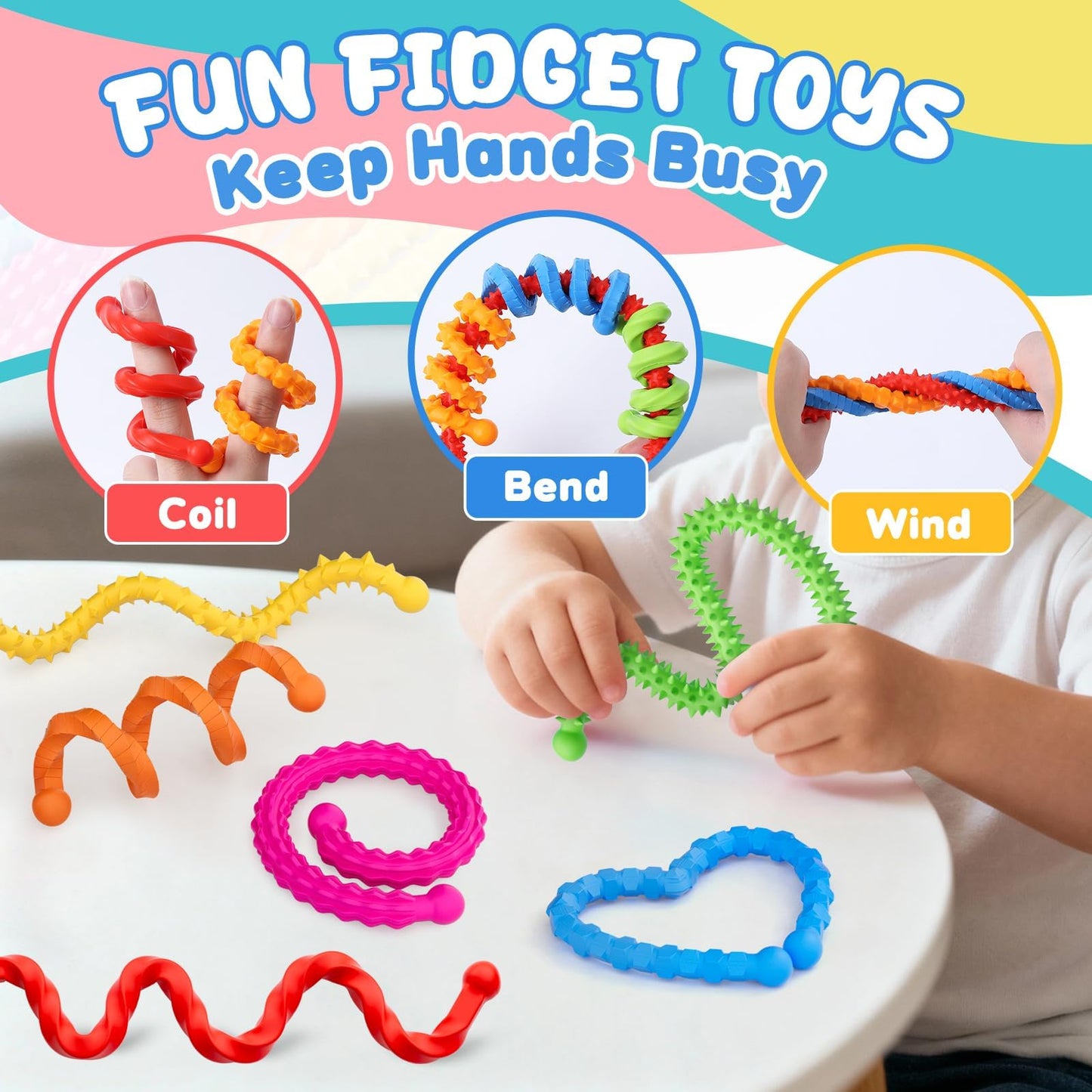 12 Pcs Fidget Toys Sensory Sticks for Kids Adults, Silicone Textured Fidget Stick for Stress Anxiety Autistic ADHD, Easter Basket Stuffers for Kids Classroom, Quiet Fidgets for Calm Down Travel