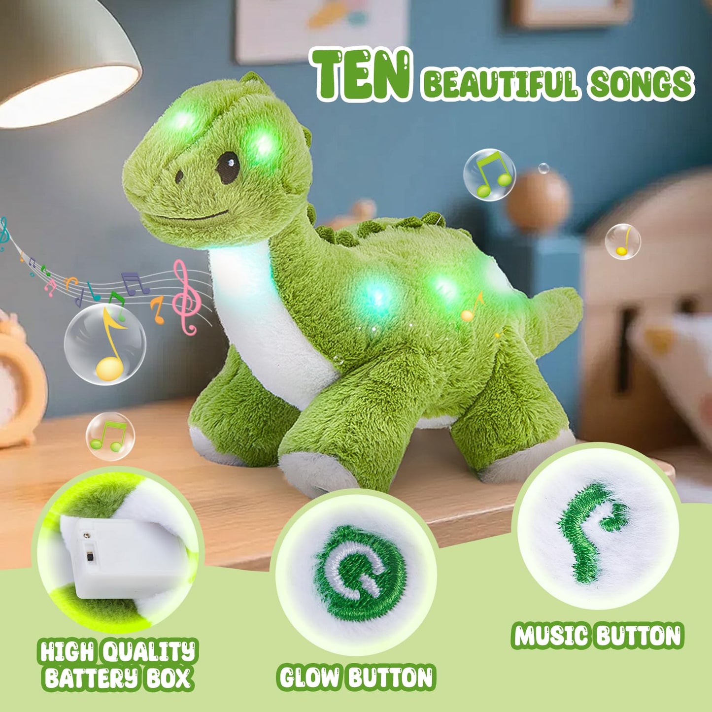 Glow Guards 16'' Light up Dinosaur Stuffed Animal,LED Soft Dinosaur Plush Toy with Magic Night Lights&Lullaby,Birthday Children's Day for Toddler Kids (Green, Music)