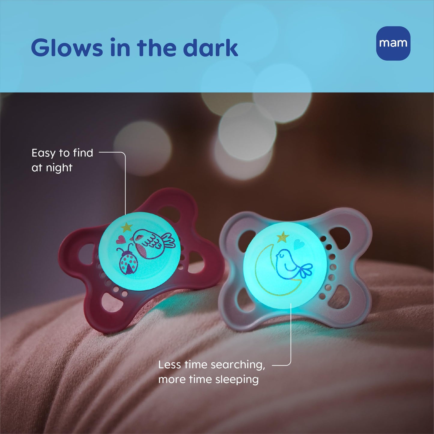 MAM Original Baby Pacifiers 0-6 Months, Binky for Newborn Babies, BPA-Free Skin Soft Silicone Nipple, Glows in The Dark, Developed with Medical Experts, 6 Count, Made in Europe