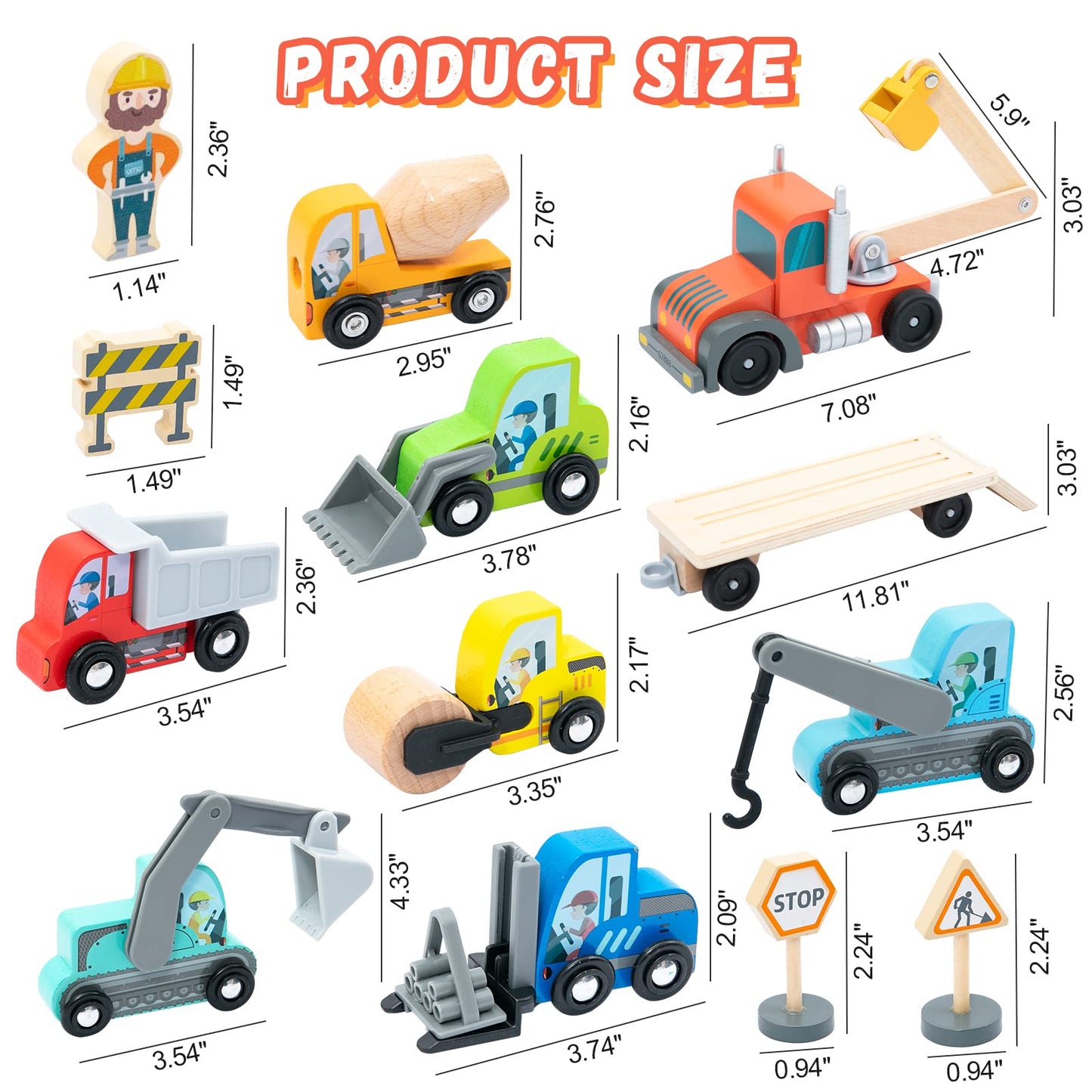 Wooden Construction Site Vehicles with Trailer 14 PCS Set, Vehicle Toys Cars for Toddlers and Kids Ages 3+ Gifts for Boys Girls, Compatible with Thomas and Other Major Brand Train Toy and Railway Set