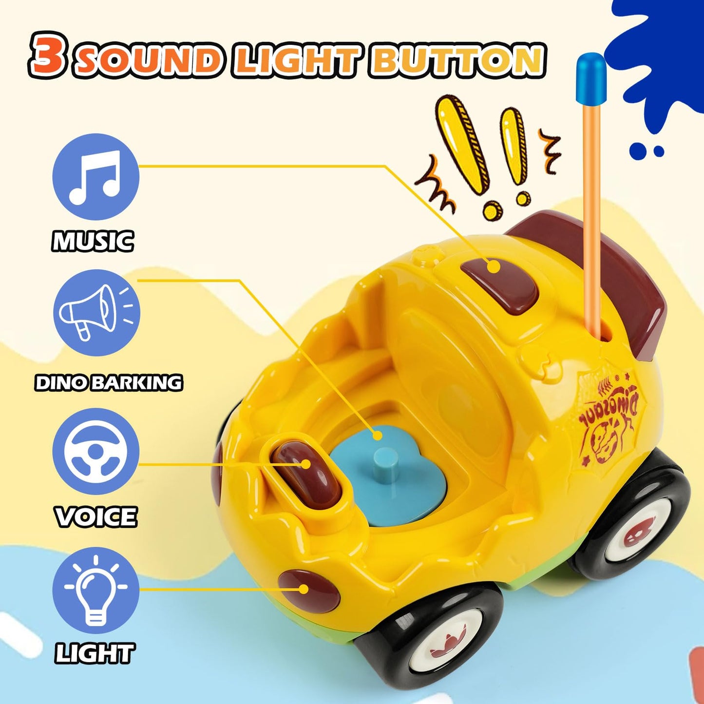 QPOU 2-Pack Remote Control Dinosaur Toy Car for Kids - Birthday Gifts for Boys Toddlers Ages 18+ Months, 2 3 4 5 Year Old, Dino RC Vehicle with Lights and Music