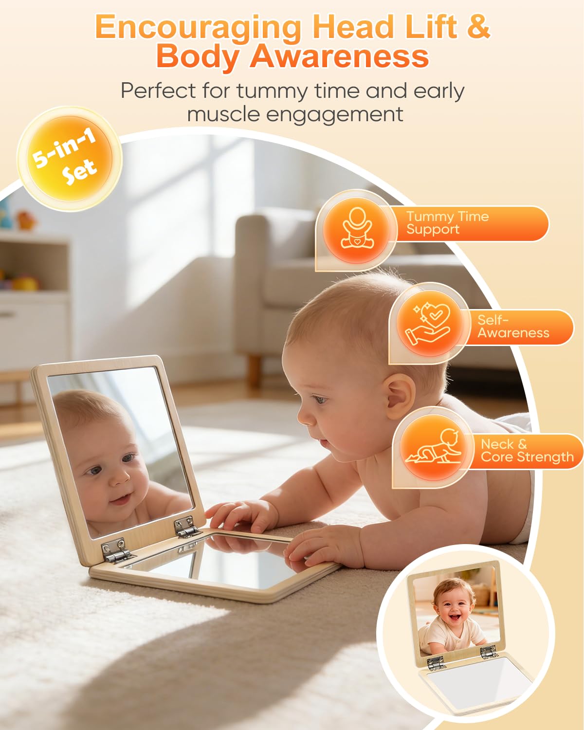 Montessori Toys for Babies 0-6 6-12 Months, Sensory Developmental Baby Toys, Tummy Time Toy - 5 in 1 Wooden Learning Toy Set, High Contrast Cards, Mirror & Spinning Drum for Newborn Infant Gift