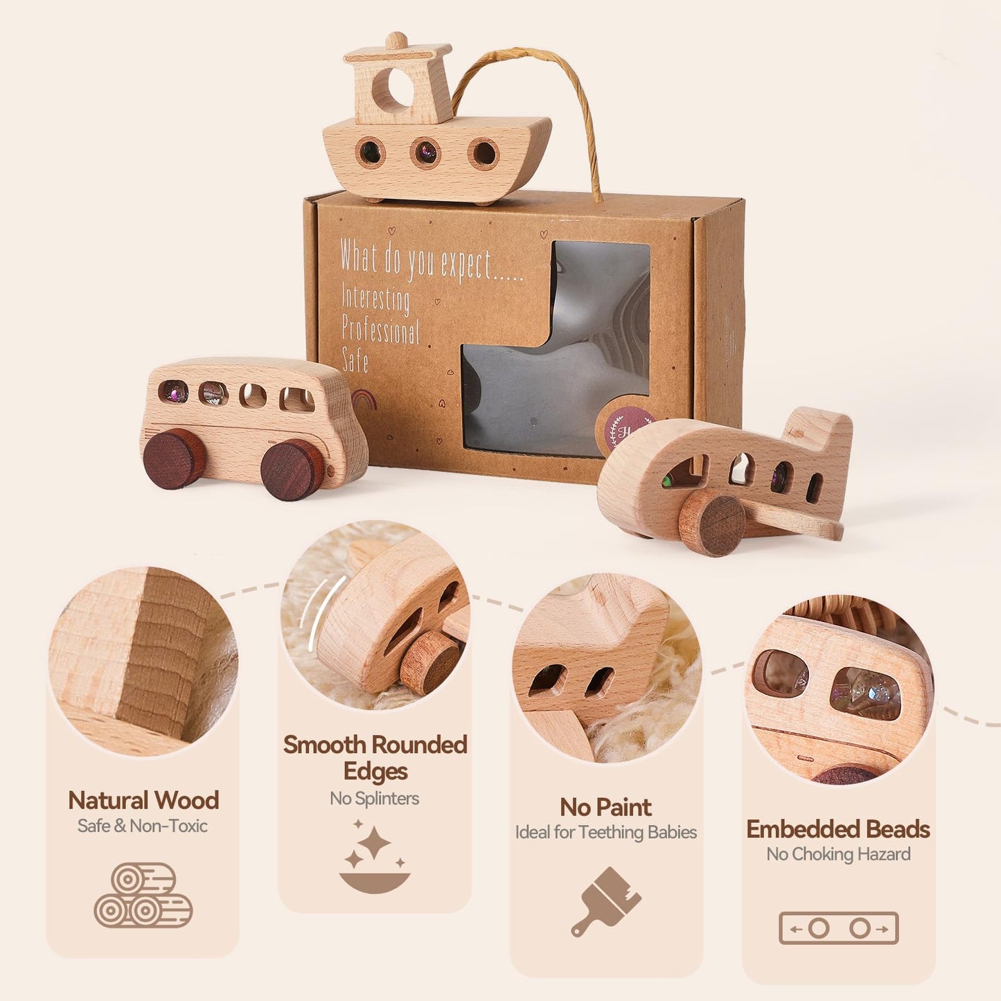 Wooden Toy Car Set for Babies & Toddlers, Montessori Wooden Vehicles with Bus, Airplane & Boat Plus Baby Push Cars, Educational Grasping Toys, Birthday