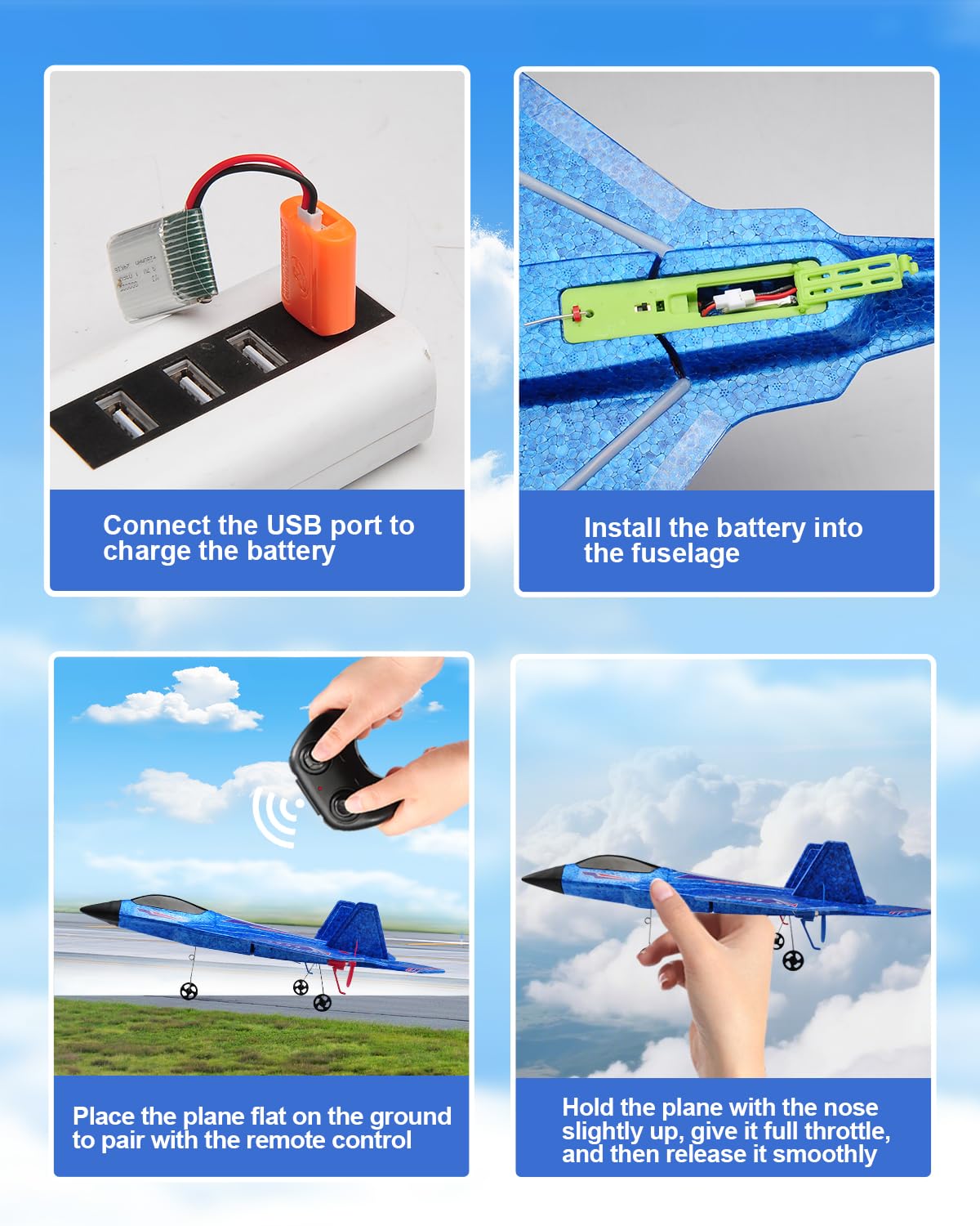 ANTSIR F22 RC Airplane Easy to Fly - 2.4GHz Remote Control Fighter Jet with Gyro Stabilizer & LED Lights, 2 Batteries Foam RC Glider for Kids Boys Adults Beginners (Blue)