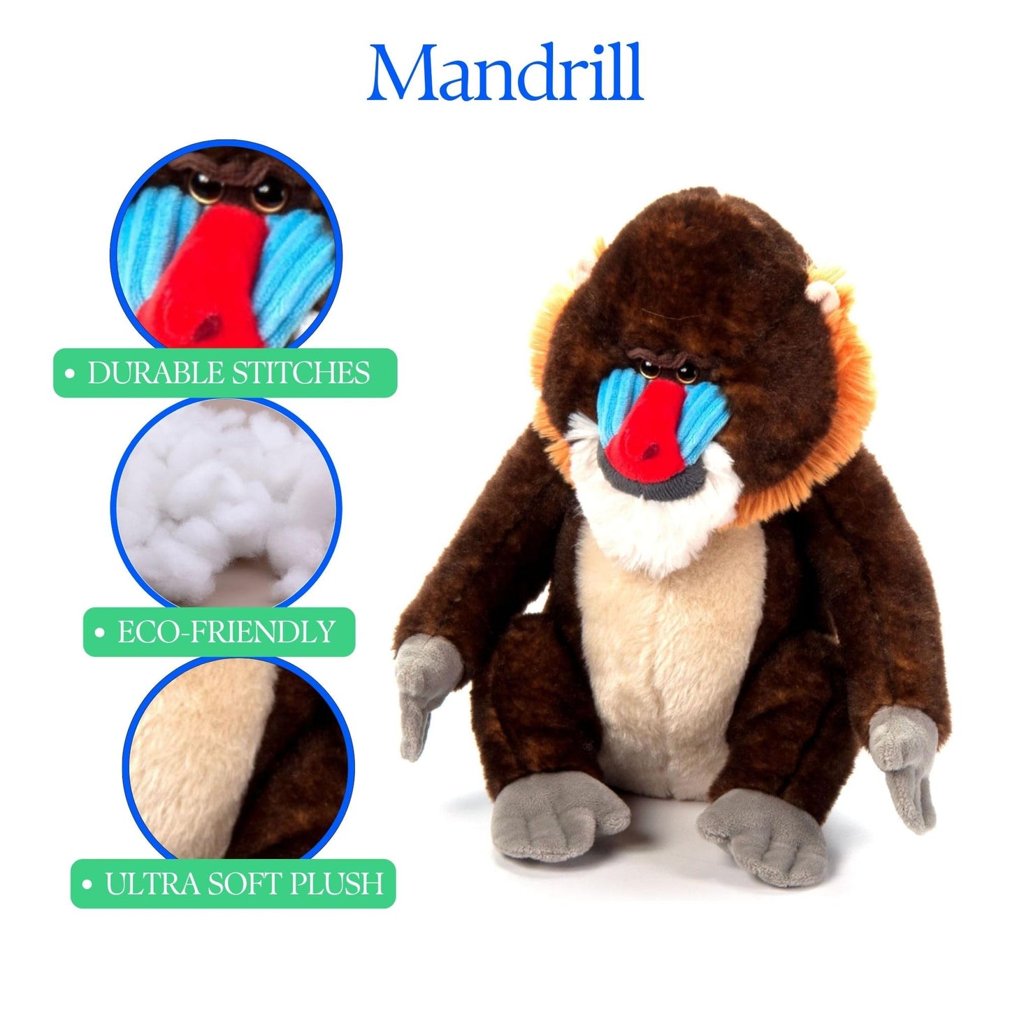 The Petting Zoo Mandrill Monkey Stuffed Animal Plushie, Gifts for Kids, Wild Onez Wildlife Animals, Monkey Plush Toy, 12 inches