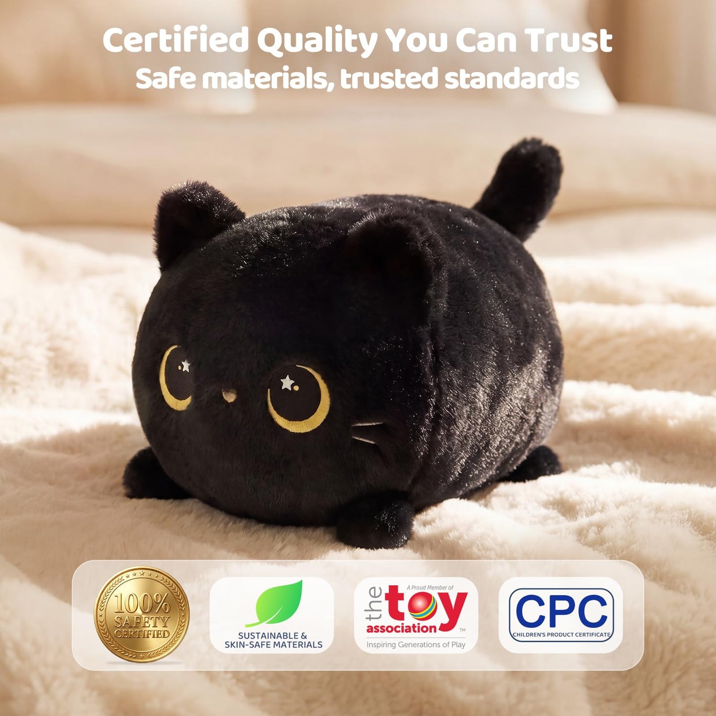 Mewaii Black Cat Plush, Cute Cat Plushies Toy, Soft Kitten Plushie Cuddle Pillow, Anime Plushie Doll, Cute Stuff Toys Gift for Girls, Boys and Males (8 Inch)