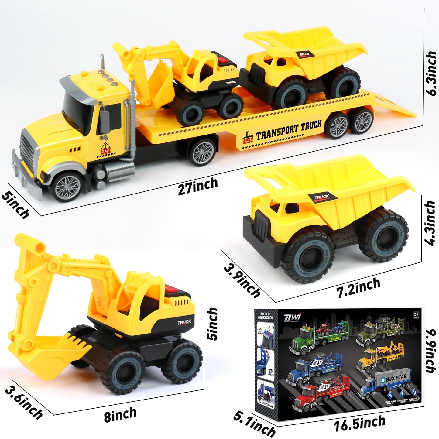 Dwi Dowellin 27" Large Friction Powered Construction Truck Car Toy with Excavator and Dump,Semi Truck Toys for 3 4 5 Years Old Toddlers Kids Boys & Girls Gift