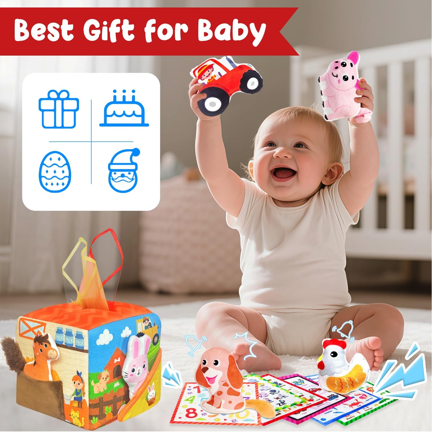 Baby Tissue Box Toys for 6-12 Months, 13PCS Surprise Barn Toy with Stuffed Farm Animals, Rattle, Soft Paper, Mirror, Montessori Educational Sensory Toys for Babies,Sensory Toys for Toddlers