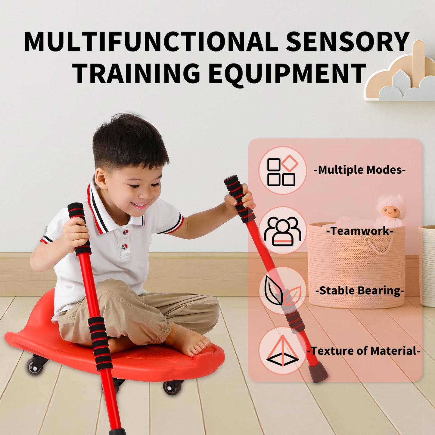 Large Scooter Board for Kids, Plastic Floor Scooter Board with 2 Paddles, 1 Rope, Handles, Buckle, 5 Wheels, Gym Scooters Boards for Indoor Outdoor Sports,Sensory Training (Red)