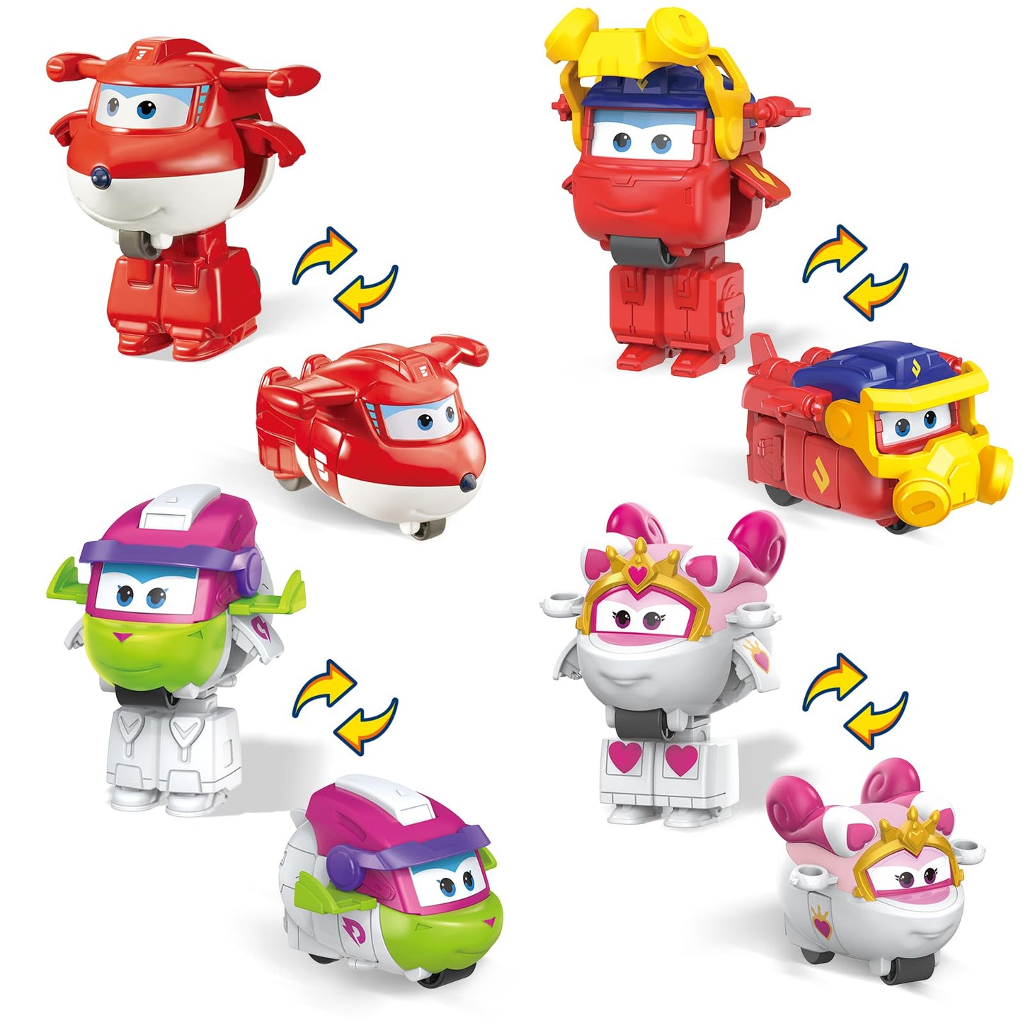 Super Wings 2" Transform-a-Bots 4-Pack, Supercharged Jett, Curie, Runi, Sara, Airplane Toys Vehicle Mini Figures, Fun Toys for Kids, Transformable Toy for 3 4 5 Year Old Boys and Girls