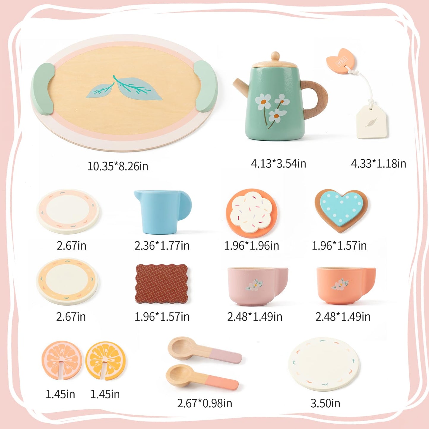 KDSFT Tea Party Set for Little Girls, Wooden Kids Tea Set with Teapot Cups Coasters Carrying Dessert, Picnic Outdoor Toys Pretend Play Kitchen Accessories for 3 4 5 Years Old