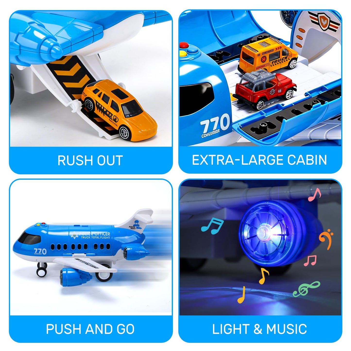 CUTE STONE Toy Airplane with Lights & Sounds, Friction Powered Plane Toy with Mini Cars for Kids, Great Gift for Boys and Girls