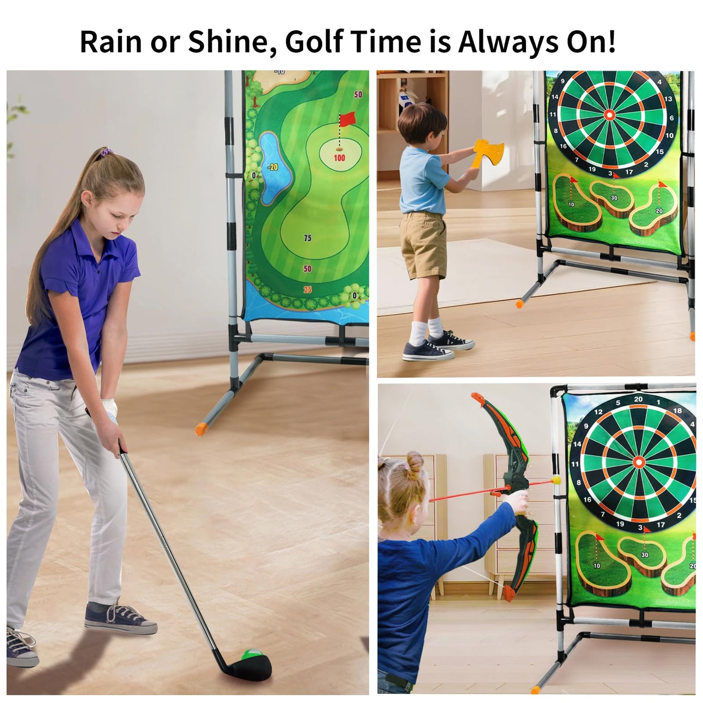 grnpeak Golf Chipping Game with Stand, Multi-Sport Golf Practice Set with Archery,Hatchet,Darts,Double-Sided Hitting Mat for Backyard Fun, Indoor/Outdoor Sports Toy for Kids & Adults