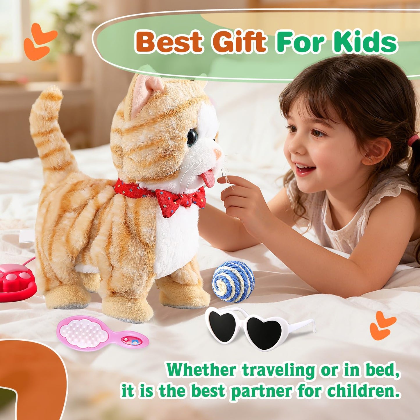 Yellow Walking Cat for Girls Set Toy Talking Singing Animated Robot Kitty Interactive Plush for Cat for Kids Kitten Robotic Plush That Meow and Purrs Electric Robot for Toddlers Baby