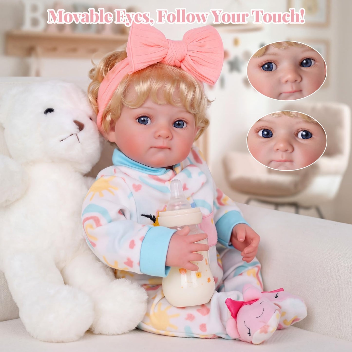 BABESIDE Reborn Baby Dolls with Moving Eyes,17 Inch Realistic Baby Doll Girl with Blond Curly Hair, Real Life Baby Doll with Accessories, Gift for Kids 3+ Pretend Play, Collection