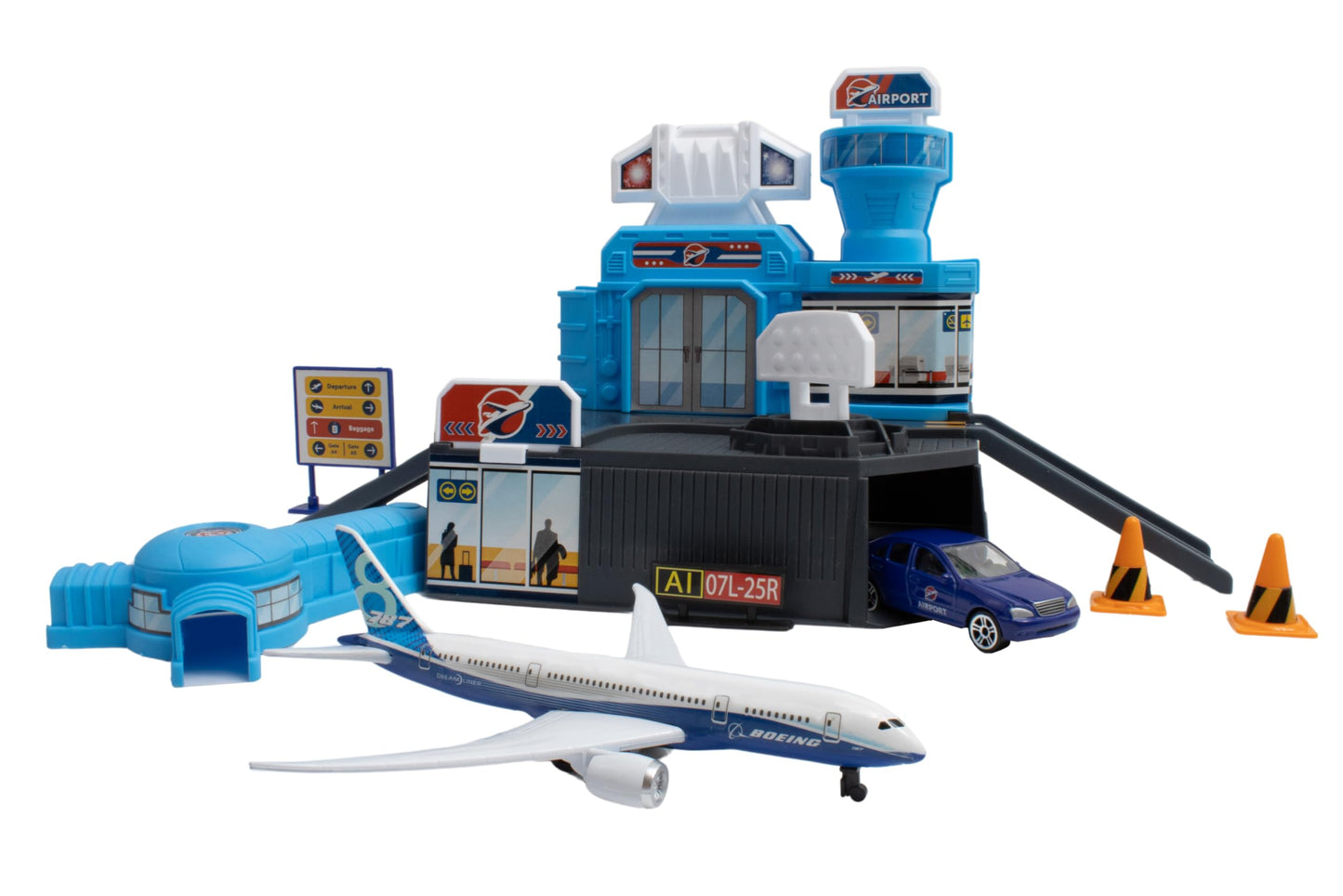 Daron Airport Building Playset with Boeing 787 Die-Cast Metal Airplane & Free-Wheeling Airport Car – Buildable Terminal with ATC Tower, Jet Bridge & Accessories, Construction Toy for Ages 3+
