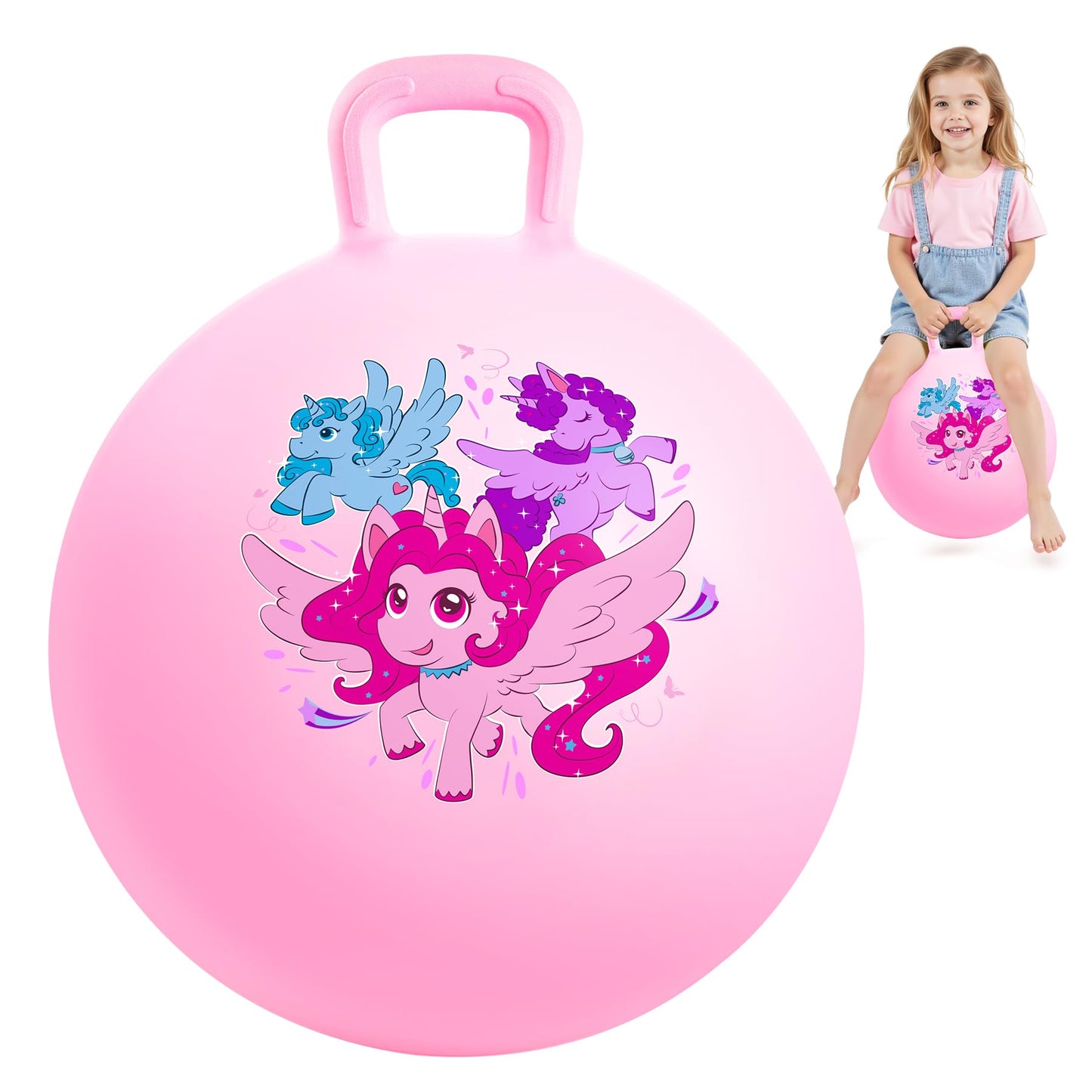 INPODAK Hopper Ball, Unicorn Bouncy Ball with Handle for Kids, 18 Inch Hippity Hop Jumping Bouncer, Pink Hopping Toy for Boys and Girls Ages 3-6 with Pump and Gift Box for Birthday