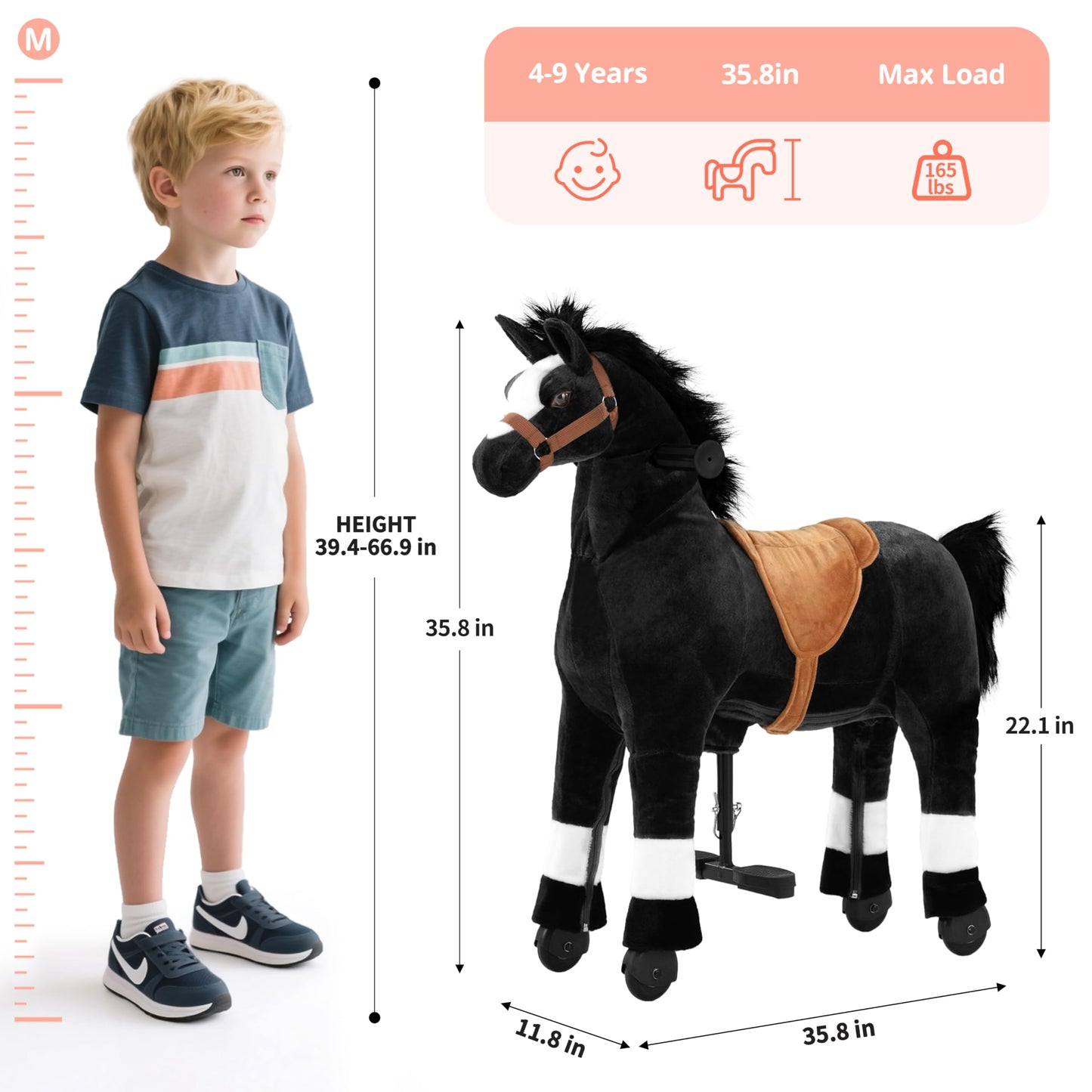 Pipleo Ride on Horse for Big Kids, Riding Horse Rider Mechanical Walking Action Plush Animal for 4 to 9 Years, No Battery or Electricity, Max Load 165 LBS Black