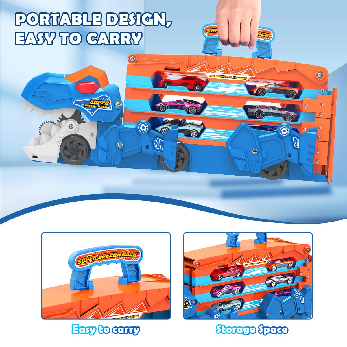 VATOS Toddler Truck Toy - Ejection Folding Dinosaur Track, Portable Truck Car with 8 Race Cars, Best Gift Toy Cars Set for Toddlers 3 4 5 6 7 Years Old