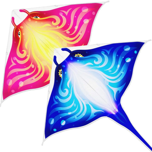 Mint's Colorful Life 2 Pack Devil Fish Kites for Kids Adults，Easy to Fly Delta Kite Single Line Large, Kite Handle Include (Blue&Pink)