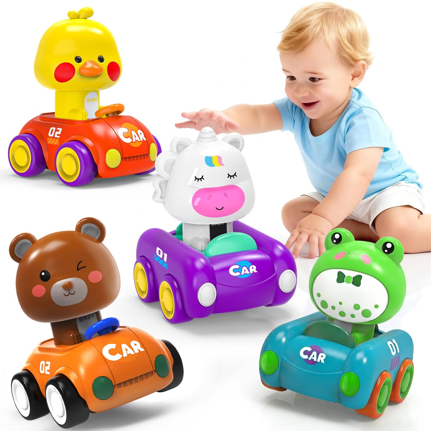 LBJGL Press and Go Car Toys for Toddlers 1-3, 4 Pack Friction Powered Baby Push Cars, Infant Play Vehicle Set for 6-9-12-18 Months, 1st Birthday Gifts for 1-2 Year Old Boys Girls