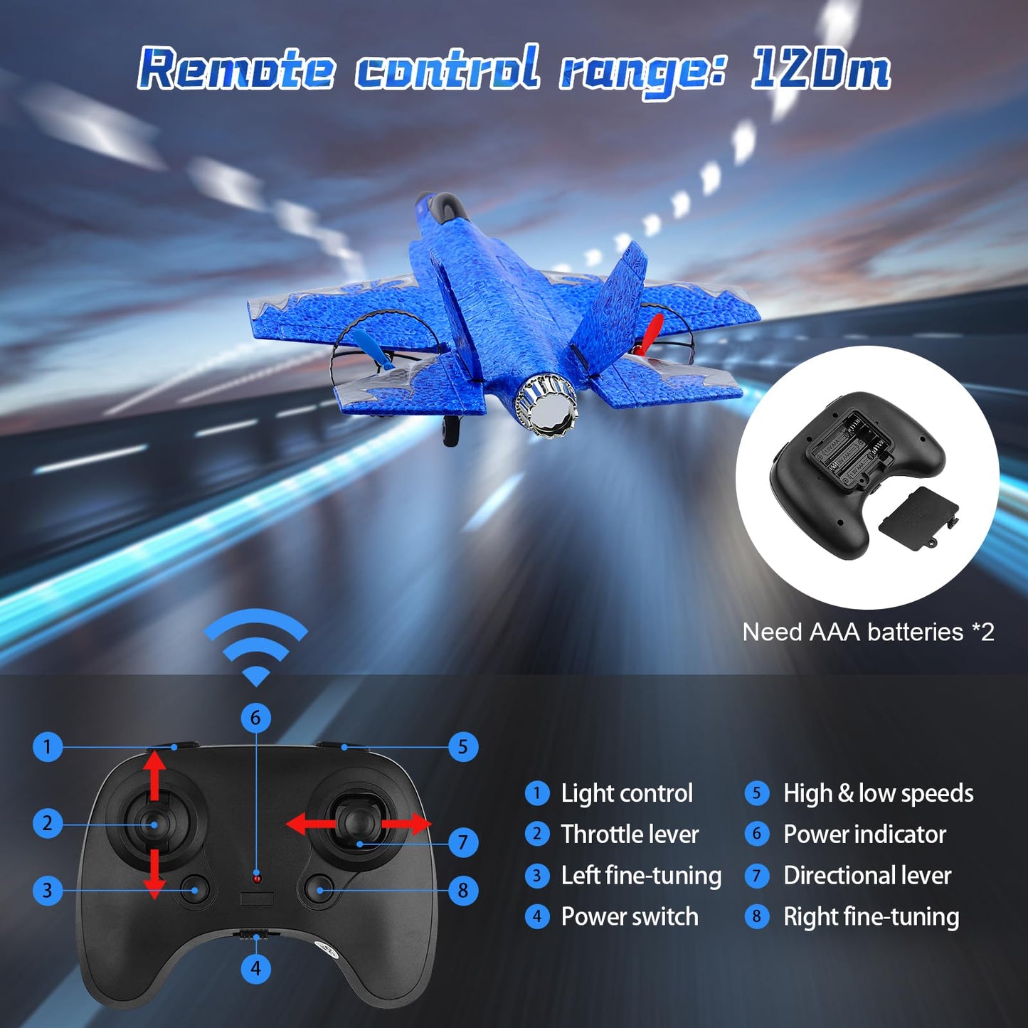 Beffkkip RC Plane 2CH RC Airplane Toys HW39 Fighter 2.4GHz Remote Control Plane RTF for Beginner, Kids and Adults F35 Aeroplane with Night Lights USB Charging (Blue)