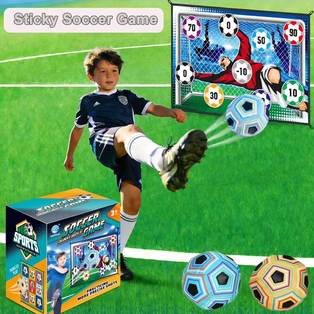 Kids Soccer Ball Target Game Set, Indoor Outdoor Sticky Soccer Game with 2 Soft Balls, 150x100cm Large Soccer Shooting Target, Fun Sports Toy Gift for Boys Girls Ages 3+ Backyard Yard Lawn Party Play