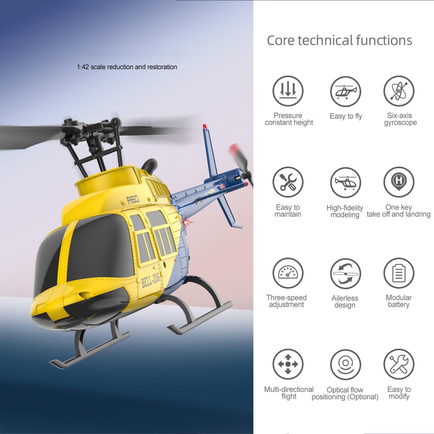 Ssccgym A60 206 Remote Controlled Helicopter Aircraft Plane 4CH RC Heli Aileronless 1/42 Scale 6-Axis Gyroscope Altitude Hovering Optical Flow Position 2Batteries for Adults Beginners/Grey