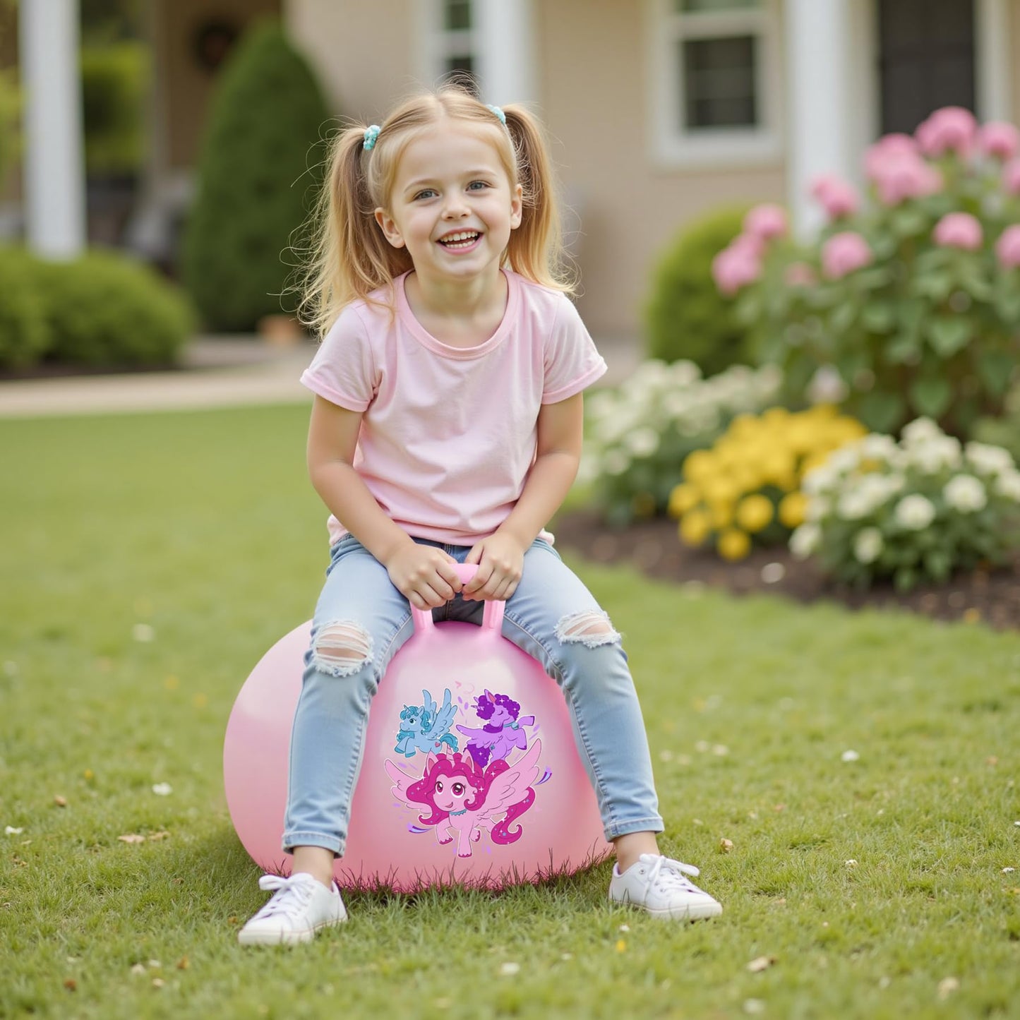INPODAK Hopper Ball, Unicorn Bouncy Ball with Handle for Kids, 18 Inch Hippity Hop Jumping Bouncer, Pink Hopping Toy for Boys and Girls Ages 3-6 with Pump and Gift Box for Birthday