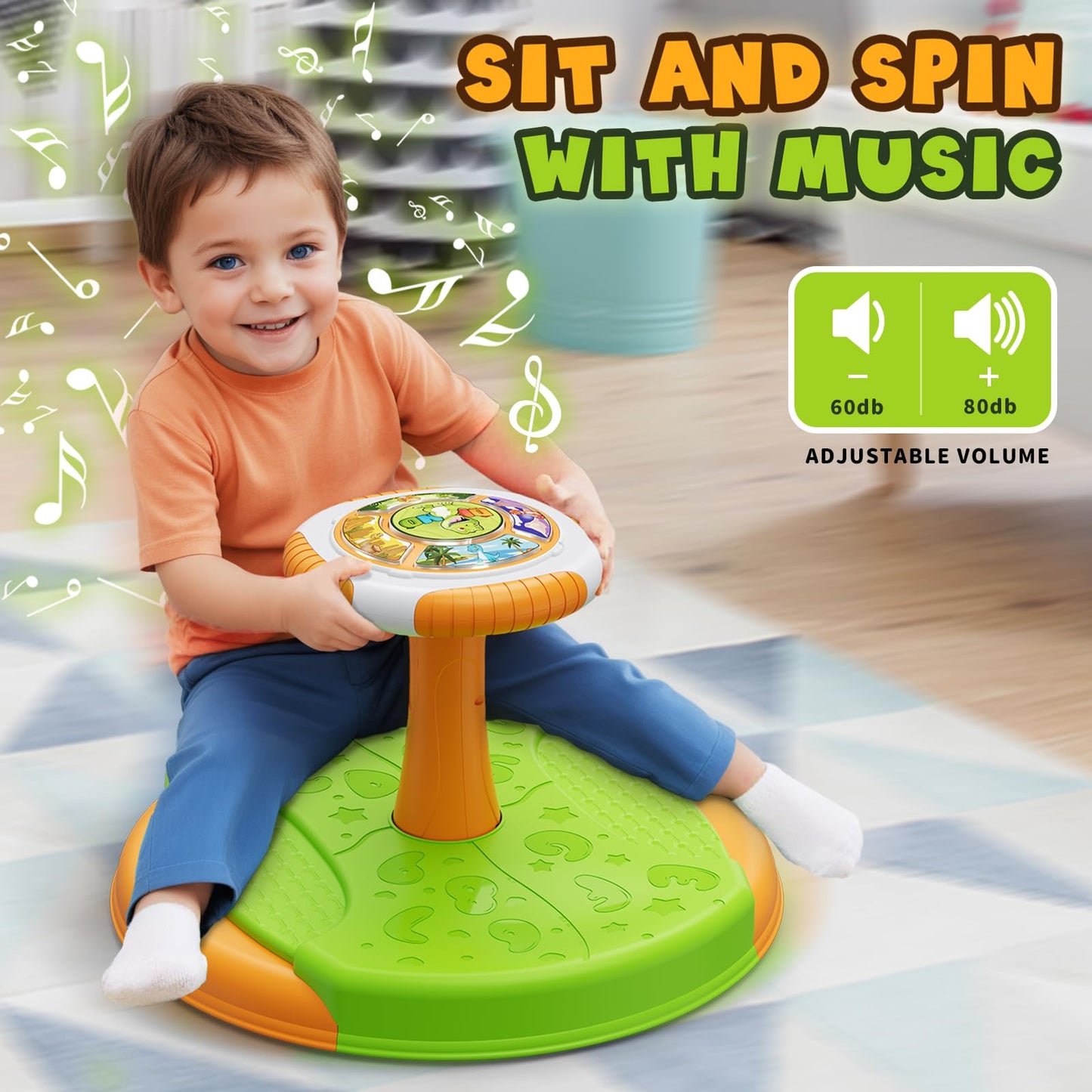 HYES Dinosaur Sit and Spin Toys for Toddlers 1-3 Boys, 360° Toddler Spinning Seat with LED Lights and Music, Sensory Toys Birthday for Kids 3-5