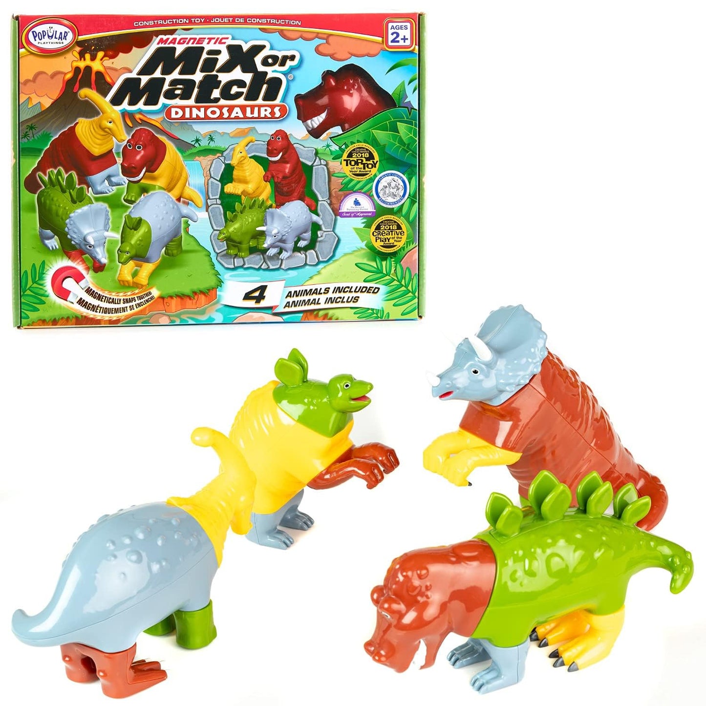 POPULAR PLAYTHINGS Magnetic Dinosaurs for Toddlers 1-3, Mix or Match Dinosaur Toys, Set of 4 Gift for Kids - Dinosaurs