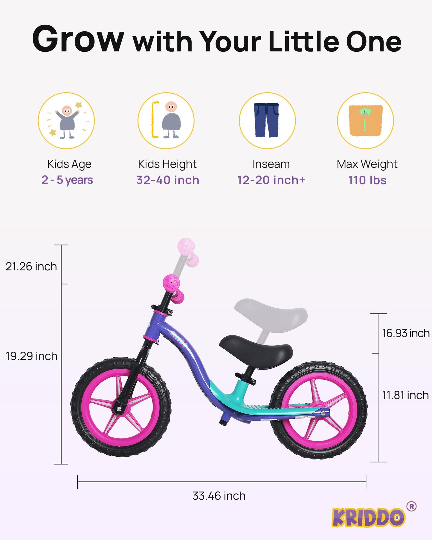 KRIDDO Toddler Balance Bike 2 Year Old, Colorful Lighting Kids Balance Bike for 2-5 Years Old, 12 Inch Balance Bicycle with Riding Buddy, Tool-Free, Adjustable Seat, Handlebar, Gift for 2-3 Girls Boys