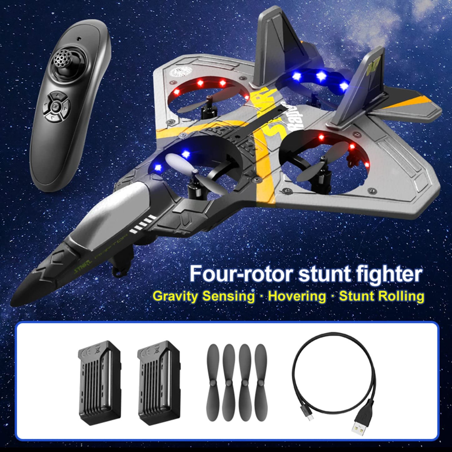 GoolRC V17 Remote Control Plane, 2.4Ghz Foam RC Airplanes Jet Fighter Stunt RC Airplane with Spinning Drone,Gravity Sensing,Stunt Roll,Cool Light,2 Battery forTeens Adults