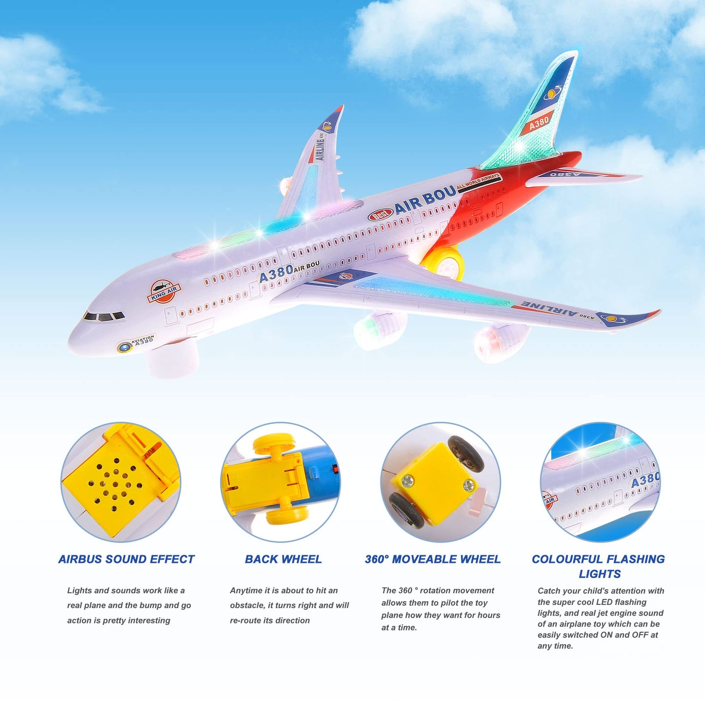PowerTRC Kids Airplane Toys, Bump & Go Action Toddler Toy Airplane with LED Flashing Light, Music, Airplane Sound, Great Gift for Boys Girls Ages 3-12