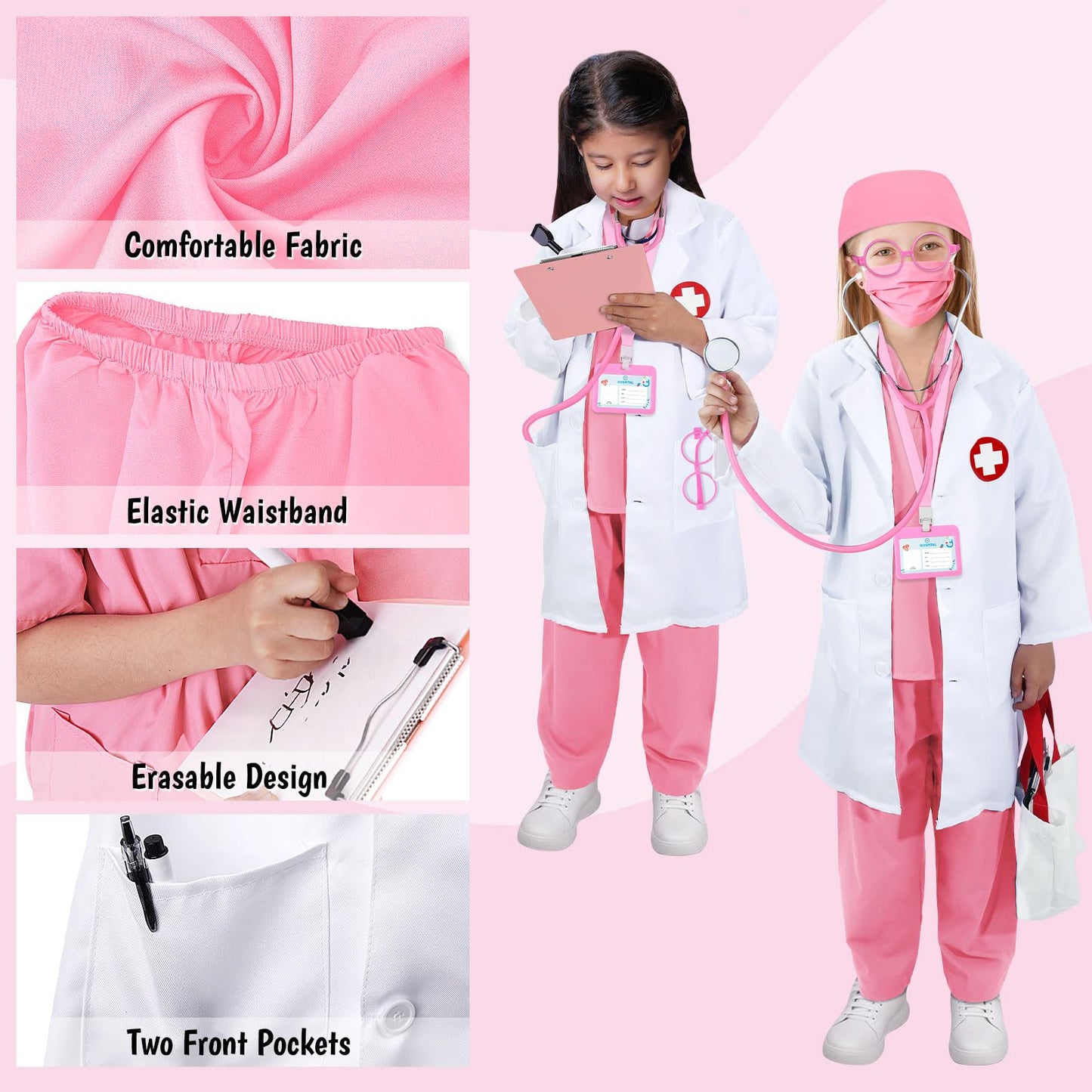 Boutrele 12 PCS Doctor Costume for Kids,Scrubs with Lab Coat/Nurse Costume Kids Set,Girls Boys Doctor Career Day Costumes(Pink, 4-5 Years)