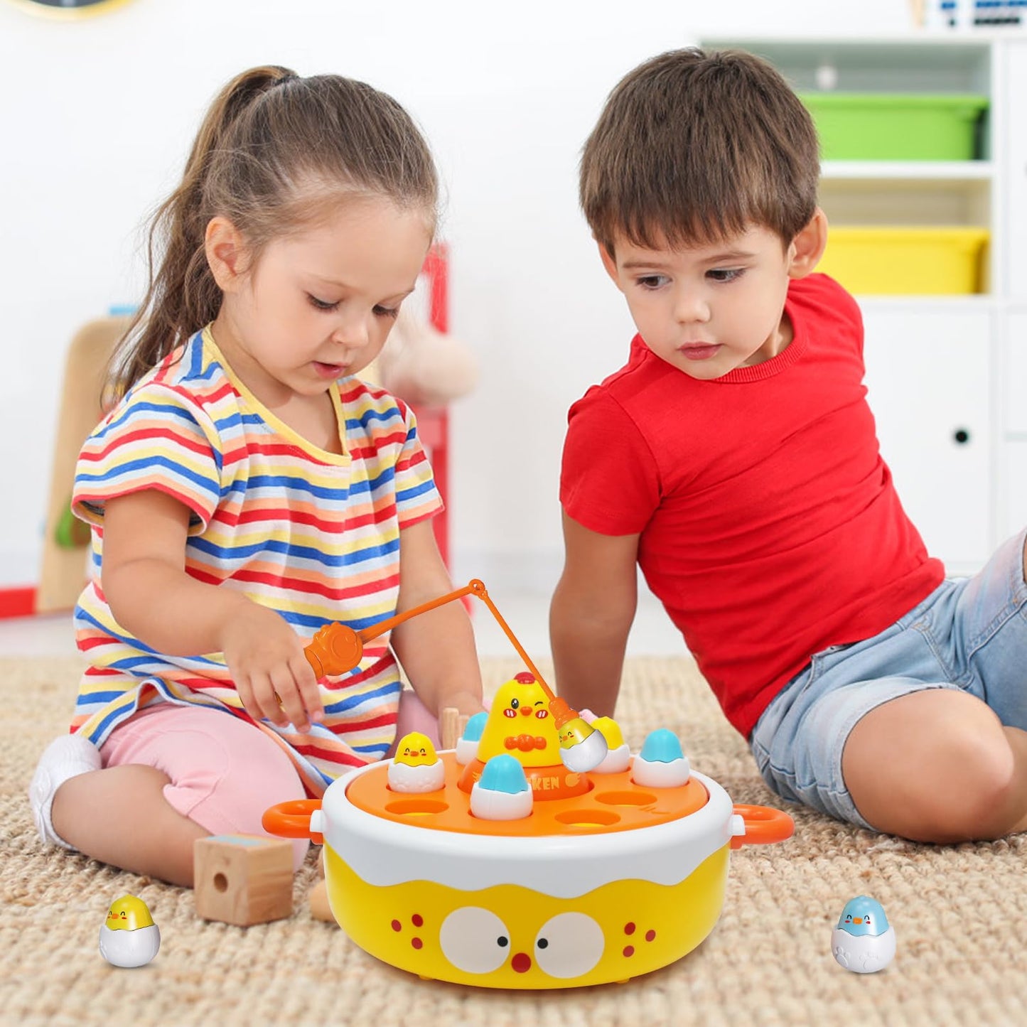 FortiTrust 4 in 1 Toys for Ages 5-7, Bounce and Catch Chicken Games, Rotating Board Games for Kids 4-6, Fishing Game Magnetic,Toddler Toys Bowling, Family Games for Kids and Adults