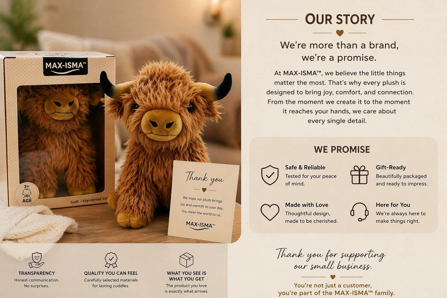 MAX-ISMA Highland Cow Plush – Big Stuffed Animal for Kids – Cute Fluffy Brown Highland Cattle Plushie Toy – Soft Realistic Plush Gift for Girls & Boys